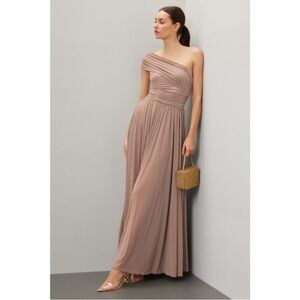 Ronny Kobo Killian Gown Dress Beige Ruched One Shoulder Maxi Dress Sz M
